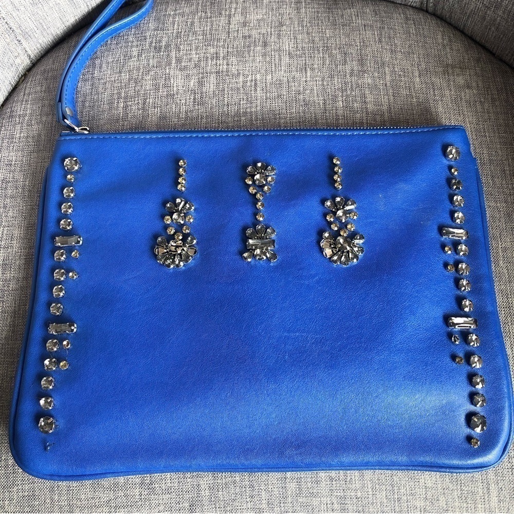 Cobalt blue faux leather crystal embellished wristlet clutch